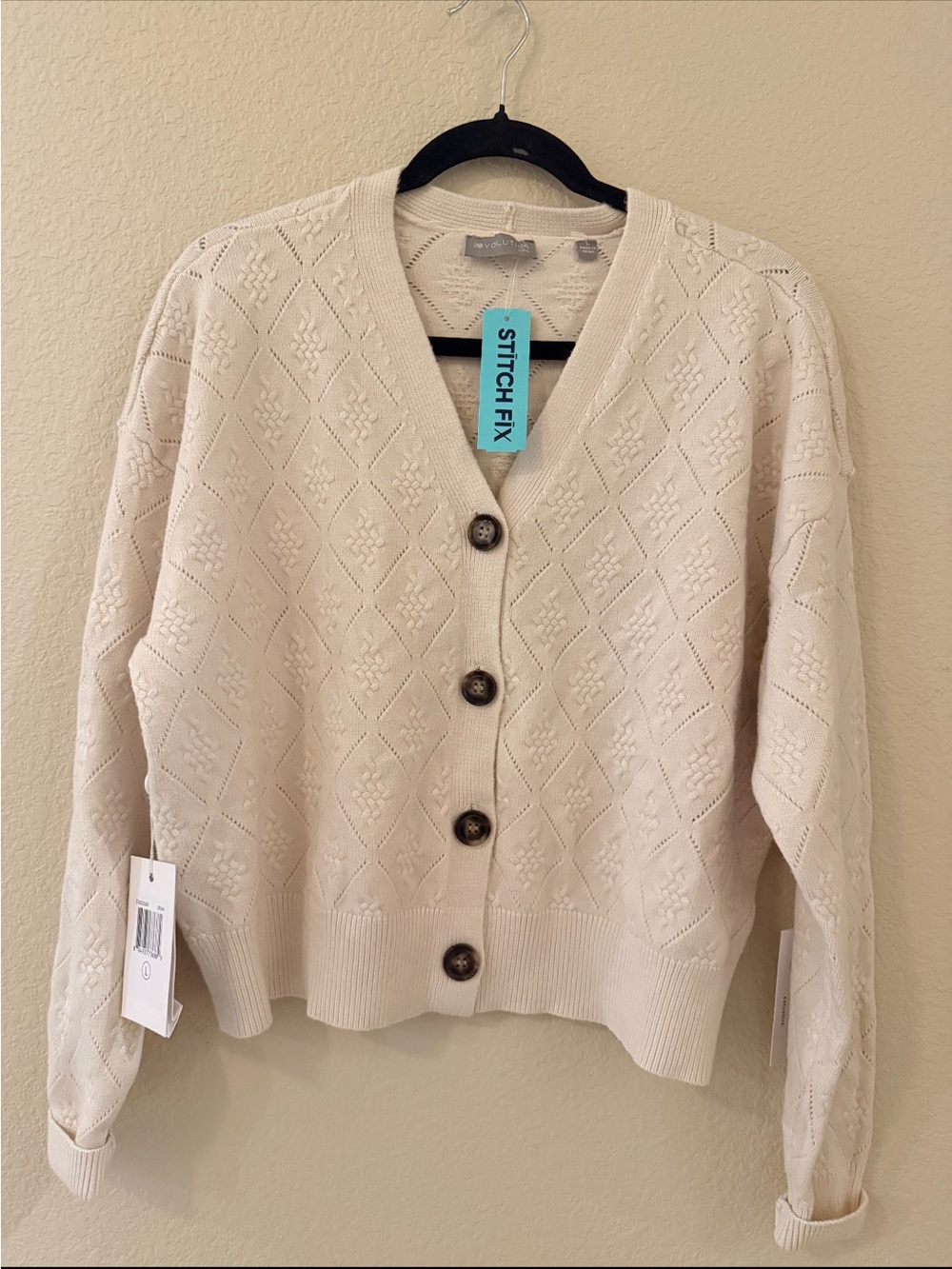Stitch Fix Cream Diamond-Pattern Button Front Cardigan